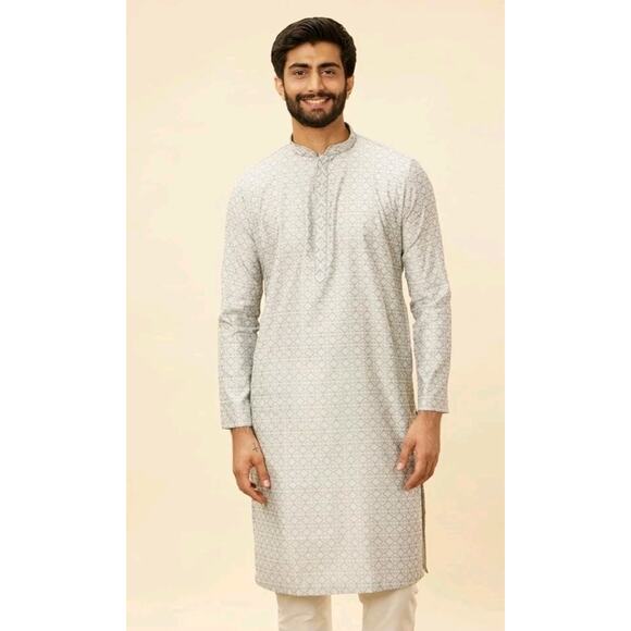 Manyavar Men Blended Cotton Embroidered Kurta Pyjama Set SZ L Gray Top - Picture 2 of 12